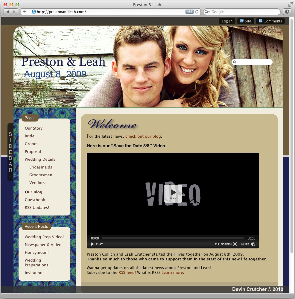Screenshot of Preston and Leah's web site to promote the union of the couple.